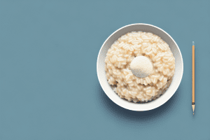 A bowl of creamy risotto with grains of rice scattered around it