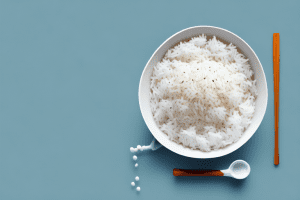 A bowl of cooked white rice with a measuring cup beside it