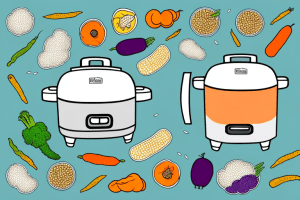 A rice cooker with colorful vegetables cooking inside