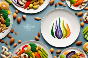 A colorful plate of vegetables and nuts arranged in the shape of a rice cake