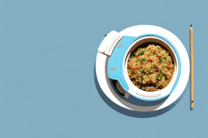 A bowl of cooked quinoa with a rice cooker in the background