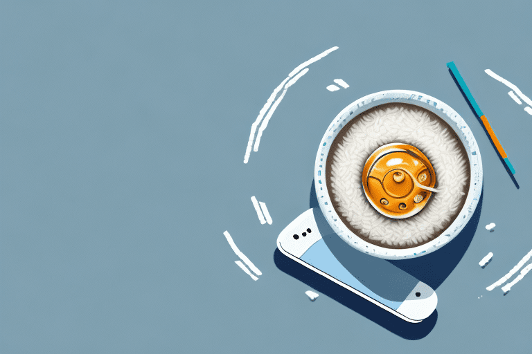 A phone submerged in a bowl of uncooked rice