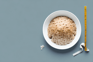 A bowl of brown rice with a measuring tape around it
