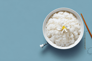 A bowl of cooked white jasmine rice with a measuring cup beside it