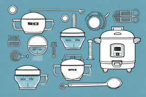 A rice cooker with measuring cups and spoons beside it