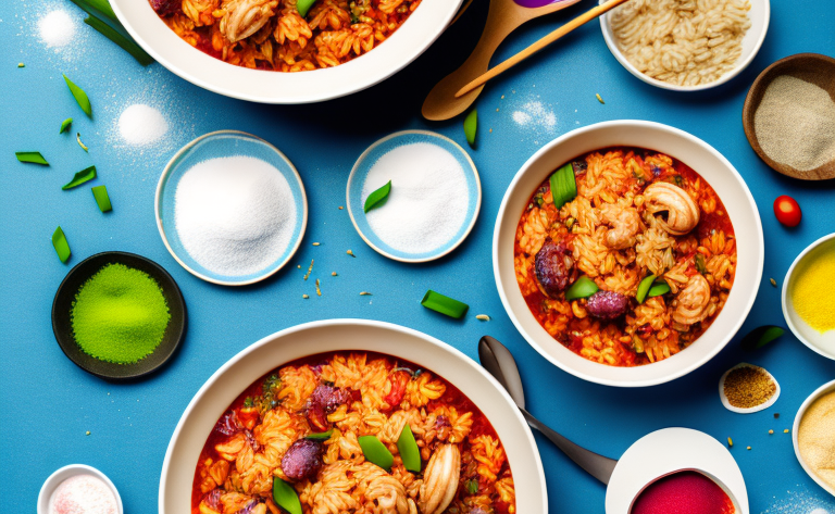 A bowl of jambalaya with a variety of colorful ingredients