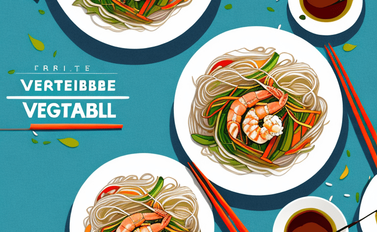 A colorful vegetable and shrimp stir-fry with rice noodles on a plate