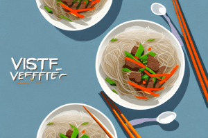 A bowl of vegetable and beef stir-fry with rice noodles
