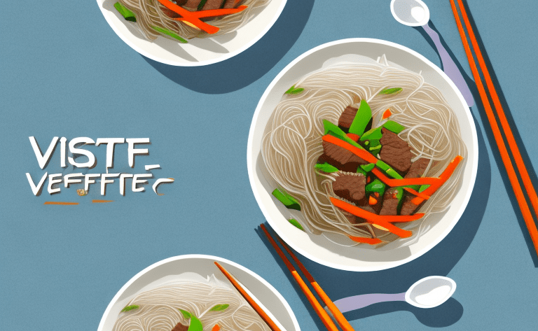 A bowl of vegetable and beef stir-fry with rice noodles
