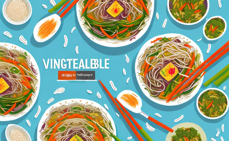 A colorful vegetable and chicken stir-fry with rice noodles in a bowl
