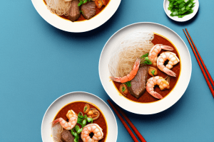 A bowl of beef and shrimp curry with rice noodles