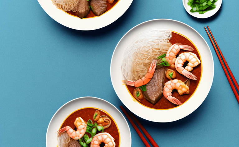 A bowl of beef and shrimp curry with rice noodles