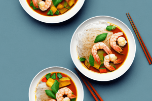A bowl of vegetable and shrimp curry with rice noodles