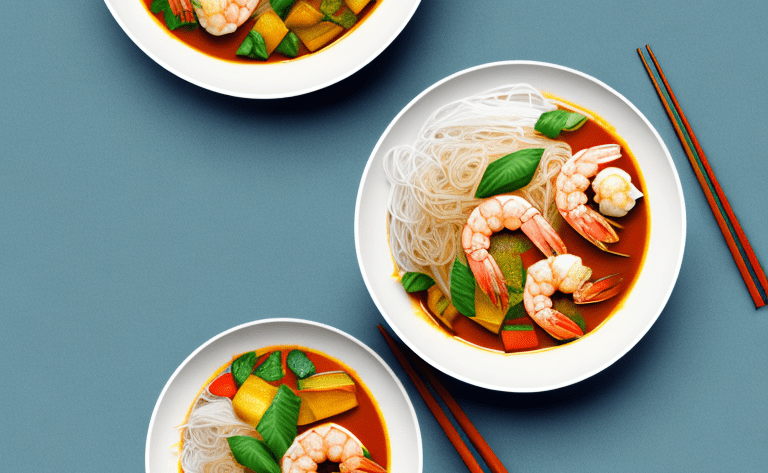 A bowl of vegetable and shrimp curry with rice noodles