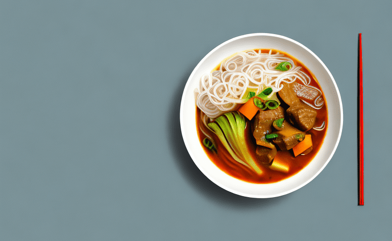 A bowl of steaming vegetable and beef curry with rice noodles