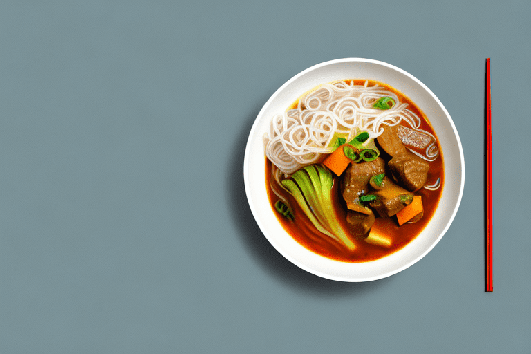 A bowl of steaming vegetable and beef curry with rice noodles