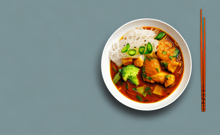 A bowl of steaming vegetable and chicken curry with rice noodles