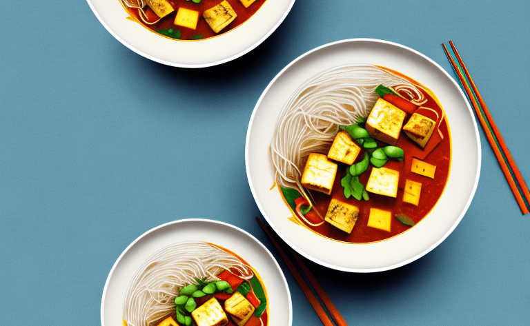 A bowl of vegetable and tofu curry with rice noodles