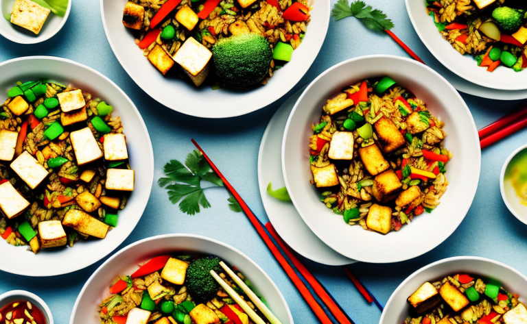 A bowl of vegetable and tofu fried rice with colorful vegetables and cubes of tofu