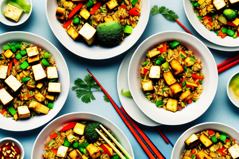 A bowl of vegetable and tofu fried rice with colorful vegetables and cubes of tofu
