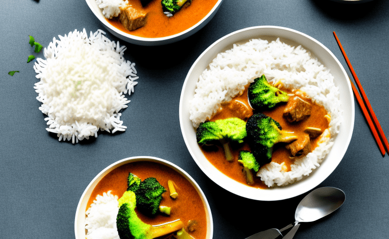 A bowl of beef and broccoli curry with a side of steaming white rice
