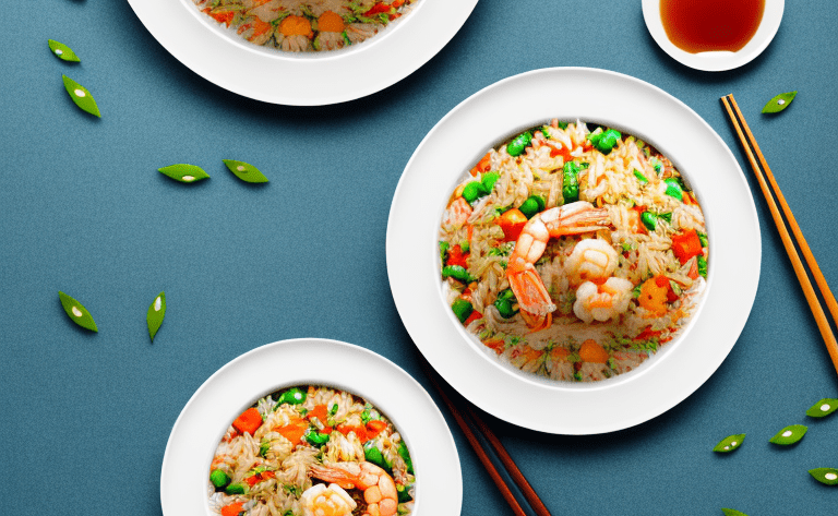 A plate of vegetable and shrimp fried rice