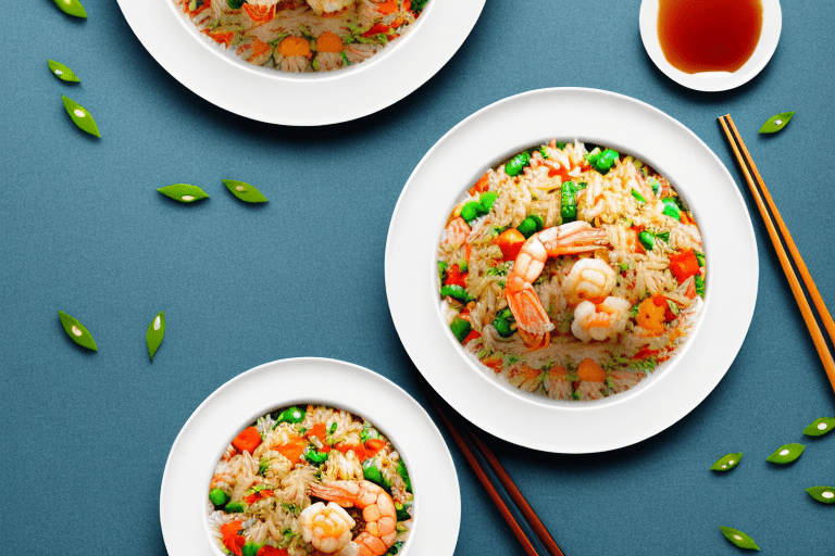 A plate of vegetable and shrimp fried rice