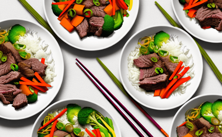 A bowl of colorful vegetables and beef stir-fry over a bed of steaming white rice