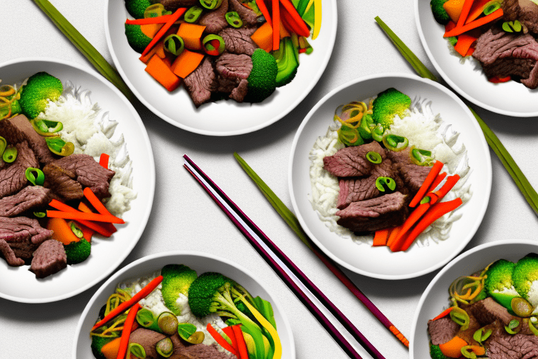 A bowl of colorful vegetables and beef stir-fry over a bed of steaming white rice