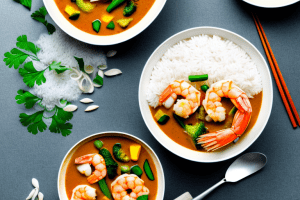 A bowl of steaming vegetable and shrimp curry with a side of fluffy white rice