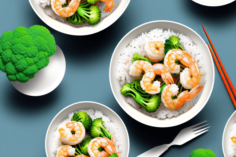A bowl of shrimp and broccoli stir-fry with a side of steamed white rice