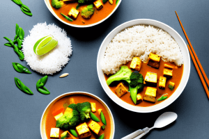 A bowl of vegetable and tofu curry with a side of steaming white rice