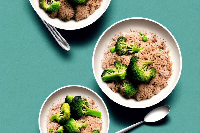 A bowl of beef and broccoli fried rice with a spoon