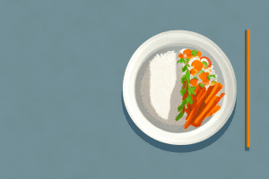 A bowl of steaming rice with a spoon and a plate of chicken and vegetables