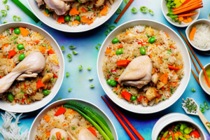 A bowl of chicken and vegetable fried rice with colorful vegetables