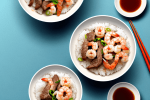 A bowl of beef and shrimp stir-fry with a side of white rice