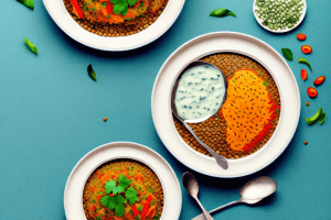 A colorful bowl of lentil and vegetable biryani with a spoon and a side of raita