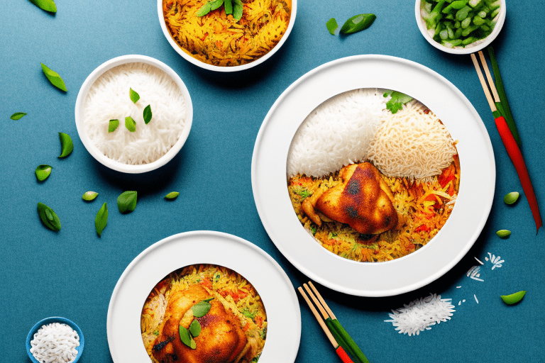 A colorful plate of chicken and vegetable biryani with a side of steamed basmati rice
