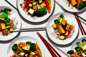 A colorful vegetable and tofu stir-fry served on a bed of steamed white rice