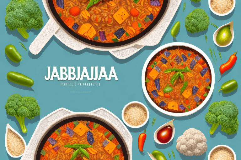 A pot of vegetable jambalaya with a variety of colorful vegetables and grains of rice