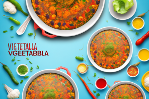 A colorful vegetable paella dish with a bowl of aromatic rice on the side