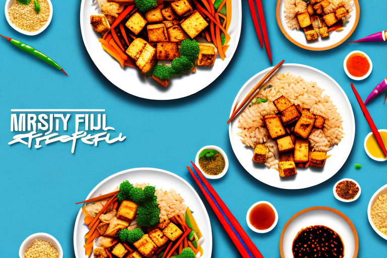 A colorful stir-fry dish with spicy tofu and rice