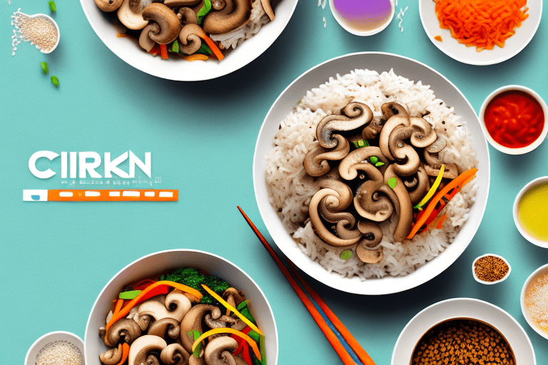 A colorful stir-fry dish with chicken and mushrooms in a bowl of rice