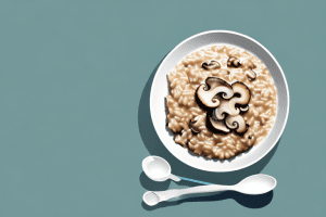 A bowl of chicken and mushroom risotto with a spoon