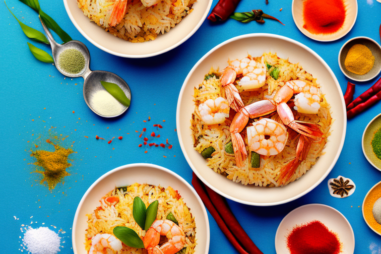 A bowl of shrimp biryani with a variety of colorful spices and ingredients