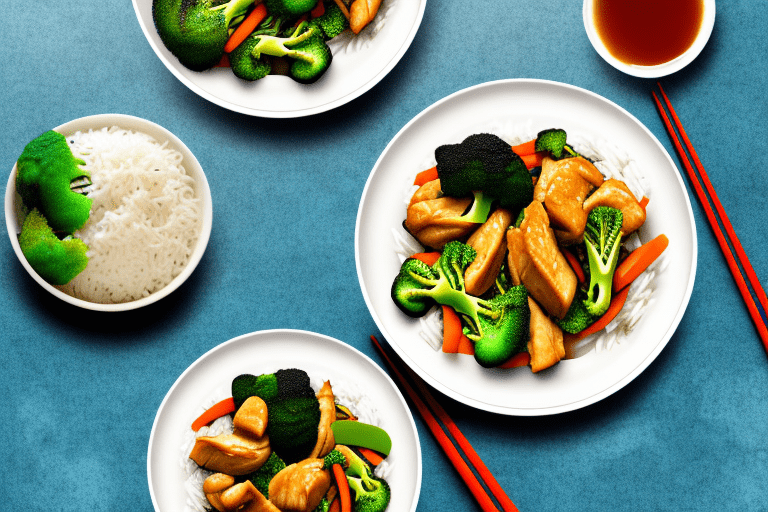 A colorful plate of chicken and broccoli stir-fry with a bowl of rice on the side