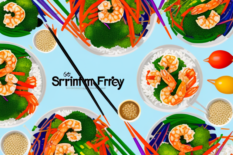 A colorful stir-fry with shrimp and vegetables on a bed of rice