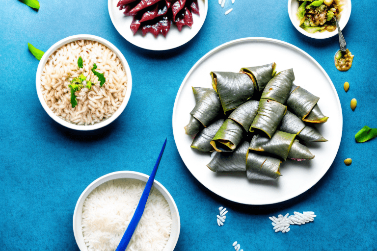 A plate of vegetarian stuffed grape leaves with a bowl of rice on the side