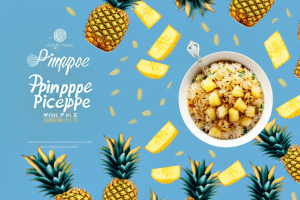 A bowl of pineapple fried rice with a spoon and a pineapple slice
