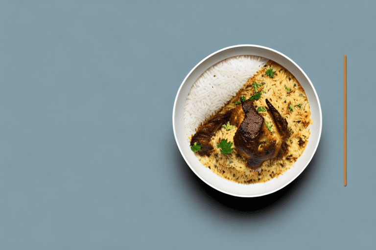A bowl of steaming lamb biryani with grains of rice scattered around it